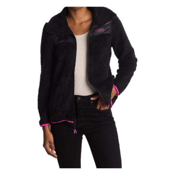 Lucky Brand Faux Shearling Soft Fleece Zip Jacket Black Pink Size Small New - Picture 1 of 5
